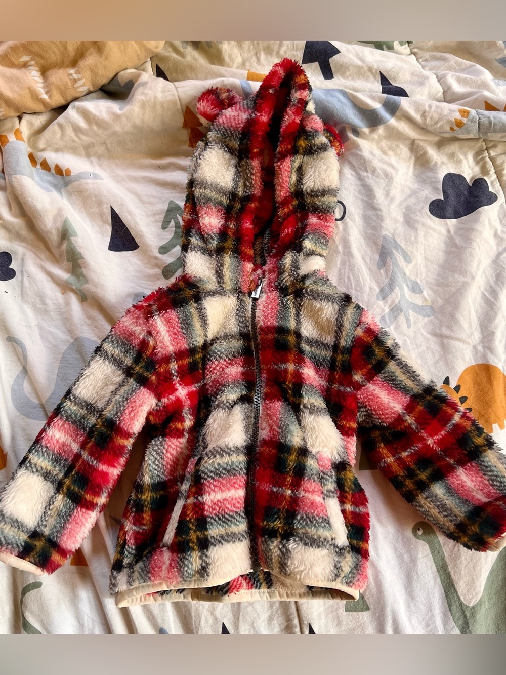 Baby Plush Hooded Plaid Jacket - Red & Cream